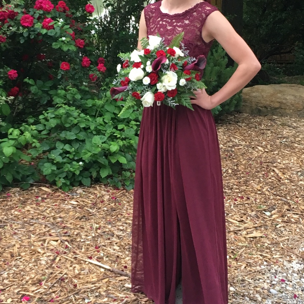 Maroon/wine bridesmaid dress.